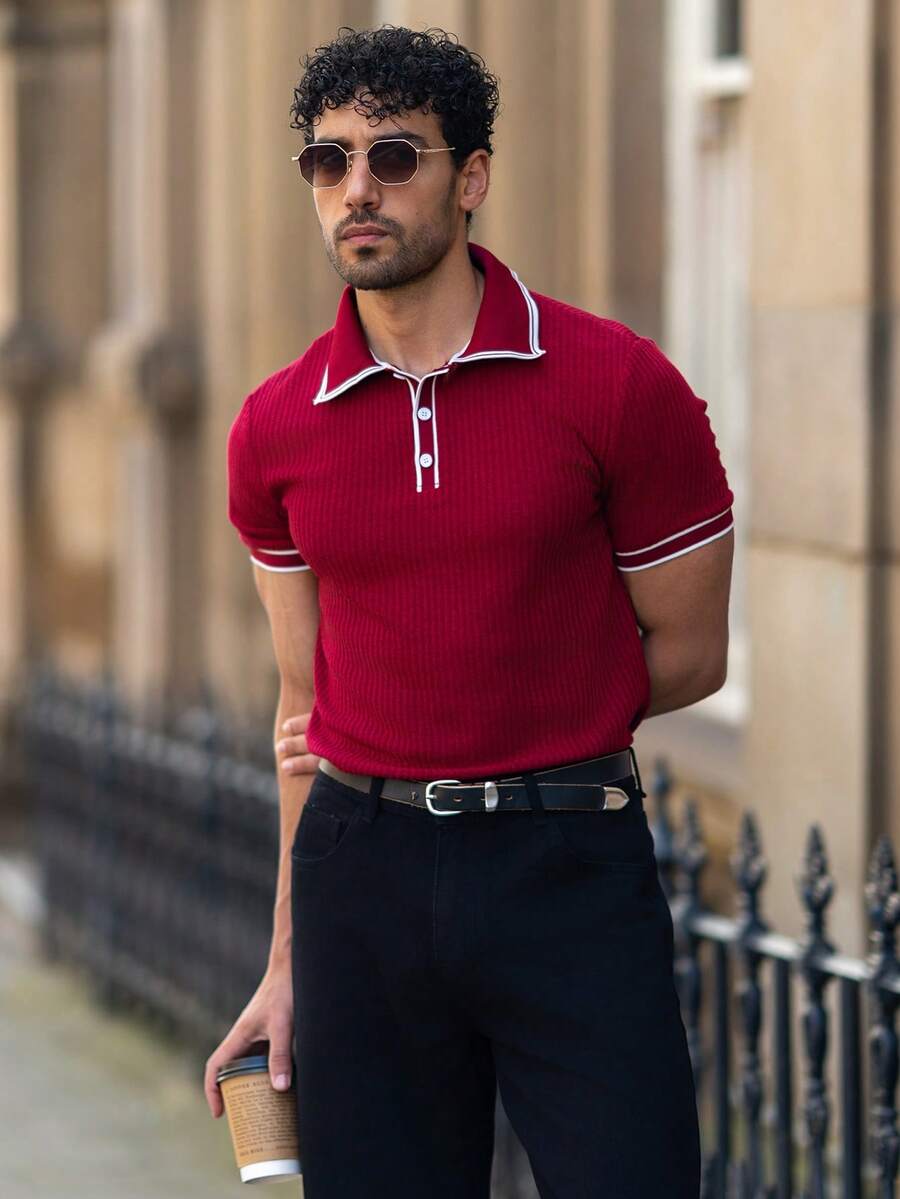 YOUESAWY YOUESAWY European & American Style Men's Casual Contrast Color Polo Shirt With Turndown Collar And Buttons, Short Sleeve, Summer - Burgundy - View 1