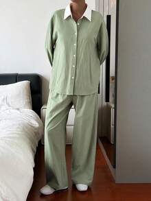 DAZY Conjunto de Roupa de Descanso Feminino com Top de Manga Longa de Abotoamento Único e Calça em Cores Contrastantes para o Outono - Verde - Visão 8