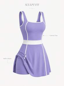 SHEIN Dewbera 1件女款運動連身裙，拼接縫線設計，防走光，撞色，修身版型，適合跑步、健身、運動、瑜伽 - 淡紫色 - 查看 4