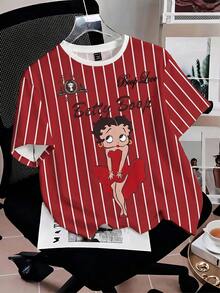 Betty Boop x SHEIN SHEIN EZwear 休閒圓領短袖寬鬆女款T恤 紅白條紋印花街頭風 日常外出夏季穿搭 - 彩色 - 查看 17
