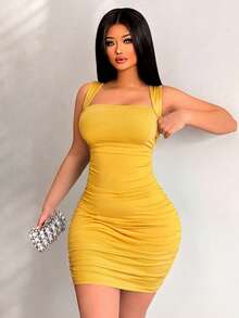 VaVaBold Vestido corto con fruncido lateral de color sólido para ropa de Año Nuevo - Mostaza Amarilla - Ver 4