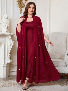 Reflora Plus Size Minimalist Solid Color Spaghetti Strap Dress And Long Shawl 2 Pieces Set - Burgundy - View 2
