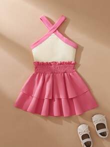 SHEIN Elladie kids 2件組青少年女孩掛脖背心上衣，開學季 7歲生日/1歲生日款，領口花卉印花羅紋針織，純色荷葉邊套裝，幼兒房風紫色，秋季 - 粉色 - 查看 2