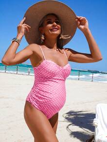 SHEIN 26SS 夏季海灘度假復古圓點鋼圈基本休閒孕婦連身泳衣 - 彩色 - 查看 3