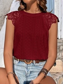 SHEIN Frenchy 對比色蕾絲後綁帶紋理布料女式襯衫 - 酒紅色 - 查看 2