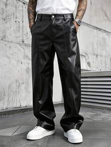 SLATEMANN Men's Black PU Leather Straight Leg Casual Fashion Versatile Pants - Black - View 3