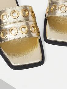 MOTF PREMIUM WOMEN METALLIC GOLD SQUARE TOE SLIDE SANDALS DOUBLE STRAP EYELET DECOR FLAT SLIP ON MULES SUMMER CASUAL BEACH SLIPPERS - Light gold - View 4
