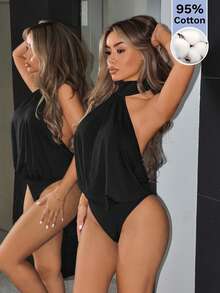 SHEIN ICON Women's High Neck Backless Ruched Bodysuit - Black - View 1