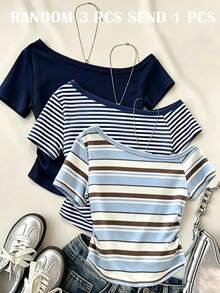 SHEIN Tween Girls Digital Striped Pattern And Solid Color Asymmetric Shoulder Short Sleeve 3-In-1 Top, Spring Summer Casual Comfortable, Versatile For Summer And Autumn, Suitable For Outdoor Sports, Picnic, Street Photography, Vacation, Holiday, Gift, Daily Wear Classic Striped Design - Multicolor - View 1