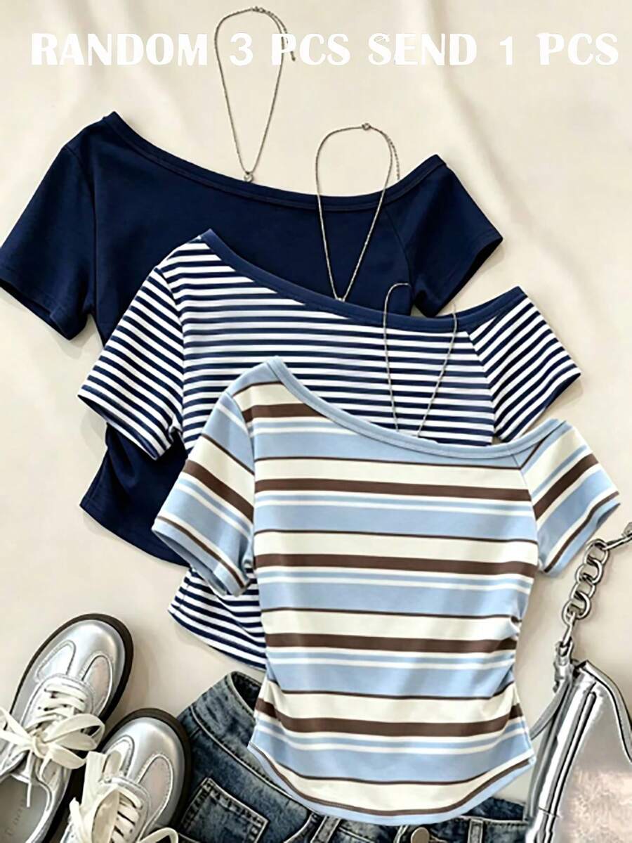 SHEIN Tween Girls Digital Striped Pattern And Solid Color Asymmetric Shoulder Short Sleeve 3-In-1 Top, Spring Summer Casual Comfortable, Versatile For Summer And Autumn, Suitable For Outdoor Sports, Picnic, Street Photography, Vacation, Holiday, Gift, Daily Wear Classic Striped Design - Multicolor - View 1