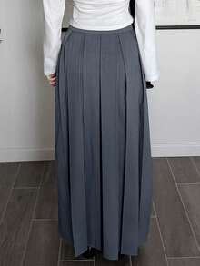 Solavon Women's Solid Color Elegant Commuter Pleated Skirt - Grey - View 7