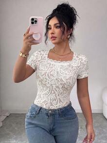 Selianne Women's Spring/Summer Casual Lace Trim 2 In 1 Design Short Sleeve Waist-Cinching Fitted Bodysuit, Suitable For Daily Wear, Photos, Travel And Commuting - Beige - View 1