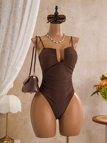 Swim Vcay Fashion One-Piece Swimsuit, Deep V-Neck Pleated Top Style, Removable Shoulder Straps For Summer Beach Vacation, New Black Simple And Elegant Sexy Top Deep V-Neck One-Piece Women's Swimsuit For Spring And Summer - Brown - View 4
