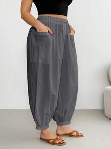 Shapeblank Pantalones de talla grande casuales versátiles de unicolor con doble bolsillo - Gris - Ver 5