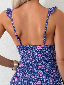 Swim Lushoire 女款兩件式套裝 花卉隨機印花 V 領荷葉邊上衣搭配假兩件式褲子細肩帶比基尼套裝 - 彩色 - 查看 5