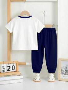 Baby Boys Loose Casual Sports Short Sleeve T-Shirt And Pants 2-Piece Set, Comfortable For Spring/Summer, Classic Gentleman Striped Pattern Print, Exquisite Knight Small Logo Print, Back To School Outfit - Multicolor - View 4