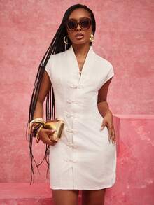 NYA SZN Dress Mini Length Short Sleeve Button Front Everyday Brunch White Outfits For Women - White - View 4