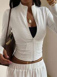 DAZY Women Solid Color Elastic Mock Neck Fitted Long Sleeve Jacket, Sportswear & Casual, Spring/Autumn - White - View 15