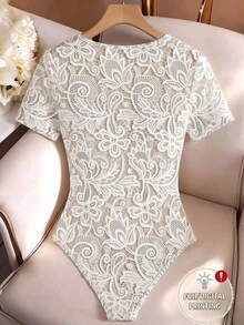 Selianne Women's Spring/Summer Casual Lace Trim 2 In 1 Design Short Sleeve Waist-Cinching Fitted Bodysuit, Suitable For Daily Wear, Photos, Travel And Commuting - Beige - View 2