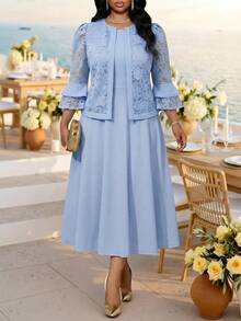 Fleurora Elegantes zweiteiliges Damen-Set in Große Größen mit Spitzen-Glockenärmel-Jacke und Kleid - Blau - Übersicht 3