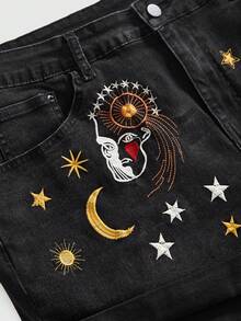 ROMWE Grunge Punk Y2K 千禧復古星月占星刺繡大尺碼牛仔捲邊短褲 - 黑色 - 查看 2