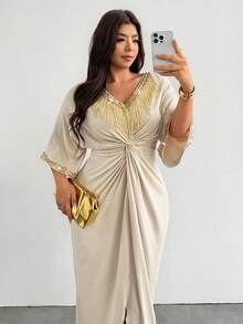 Firerie Plus Size Fashion Sequin Tassel Decor Twisted Knot Dress Elegant Wedding Guest Dress For Women Elegant Going Out Dress For Women Elegant Party Dress - Apricot - View 6