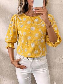 SHEIN Clasi Round Neck Shirred Romantic Boho Daisy Embroidered Top Vacation Pastel Yellow Summer - Yellow - View 3