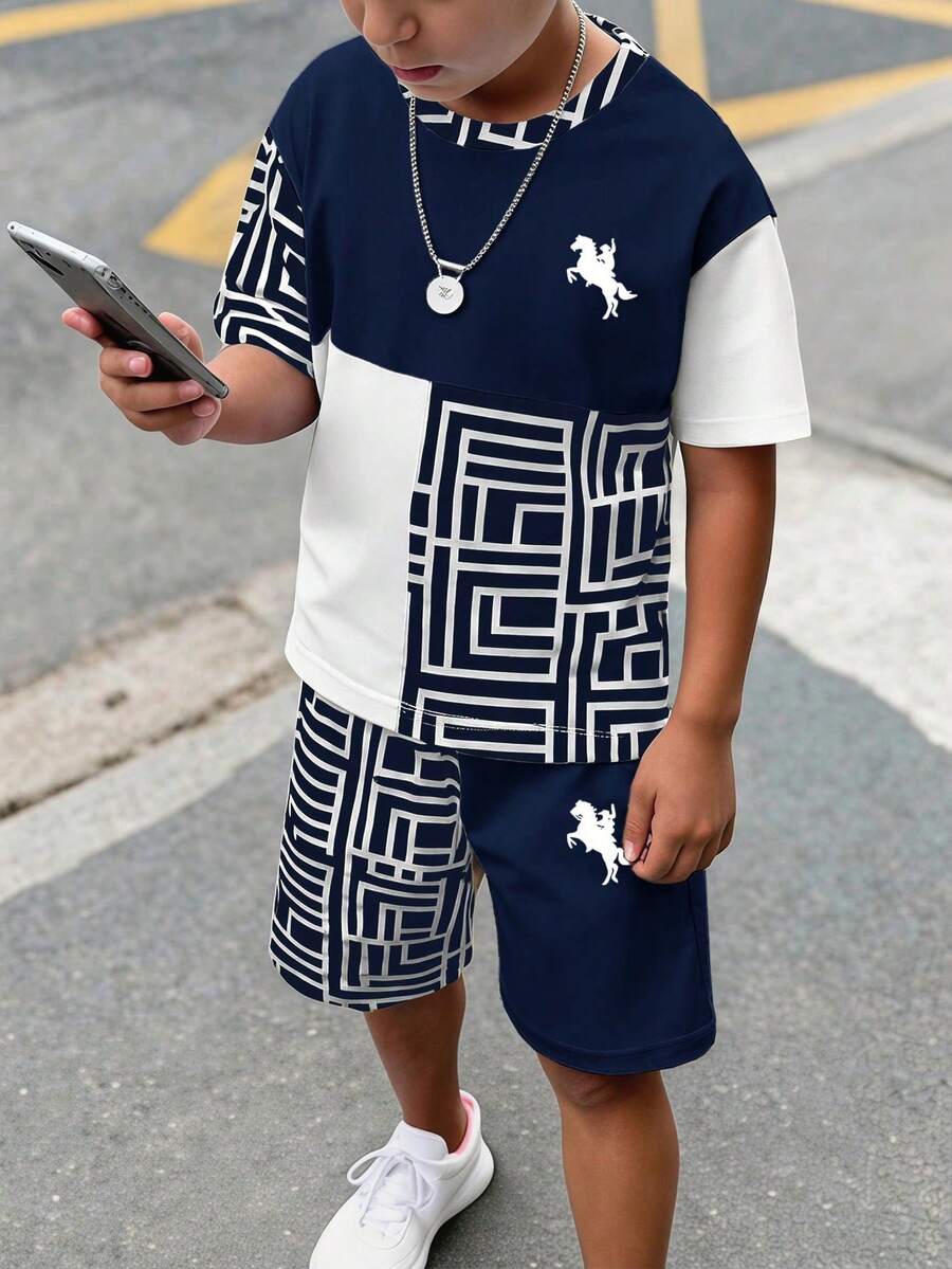 兒童青少年男孩休閒舒適時尚極簡圓領短袖T恤與短褲套裝 - 彩色 - 查看 1