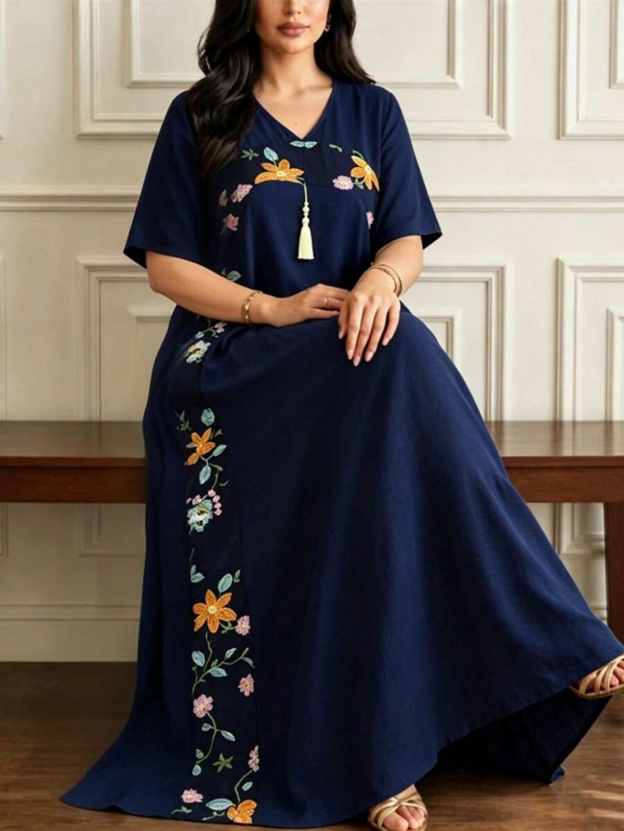 Al Najma Plus Size Women's V-Neck Ruffle Short Sleeve, Mesh Embroidery Patchwork Front Tassel Loose Turkish Dress - Navy Blue - View 1