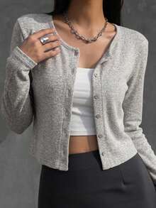 DAZY Women Loose Solid Color Round Neck Long Sleeve Open Front T-Shirt, Casual Autumn,Fall Women Clothes - Grey - View 9