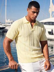 Ocevento Mens Short Sleeve Knit Polo Shirt Casual Striped V Neck Pullover Knitwear Top Summer Lightweight Blouse 
Mens Summer Knitted Polo Shirt Short Sleeve - Pale Yellow - View 4