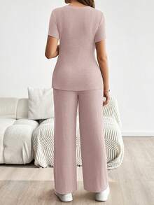 SHEIN 孕婦純色短袖上衣與可調腰長褲休閒日常兩件套 - 藕粉色 - 查看 2