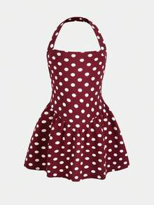 SHEIN 女童波點時尚度假旅行掛脖洋裝 - 酒紅色 - 查看 8