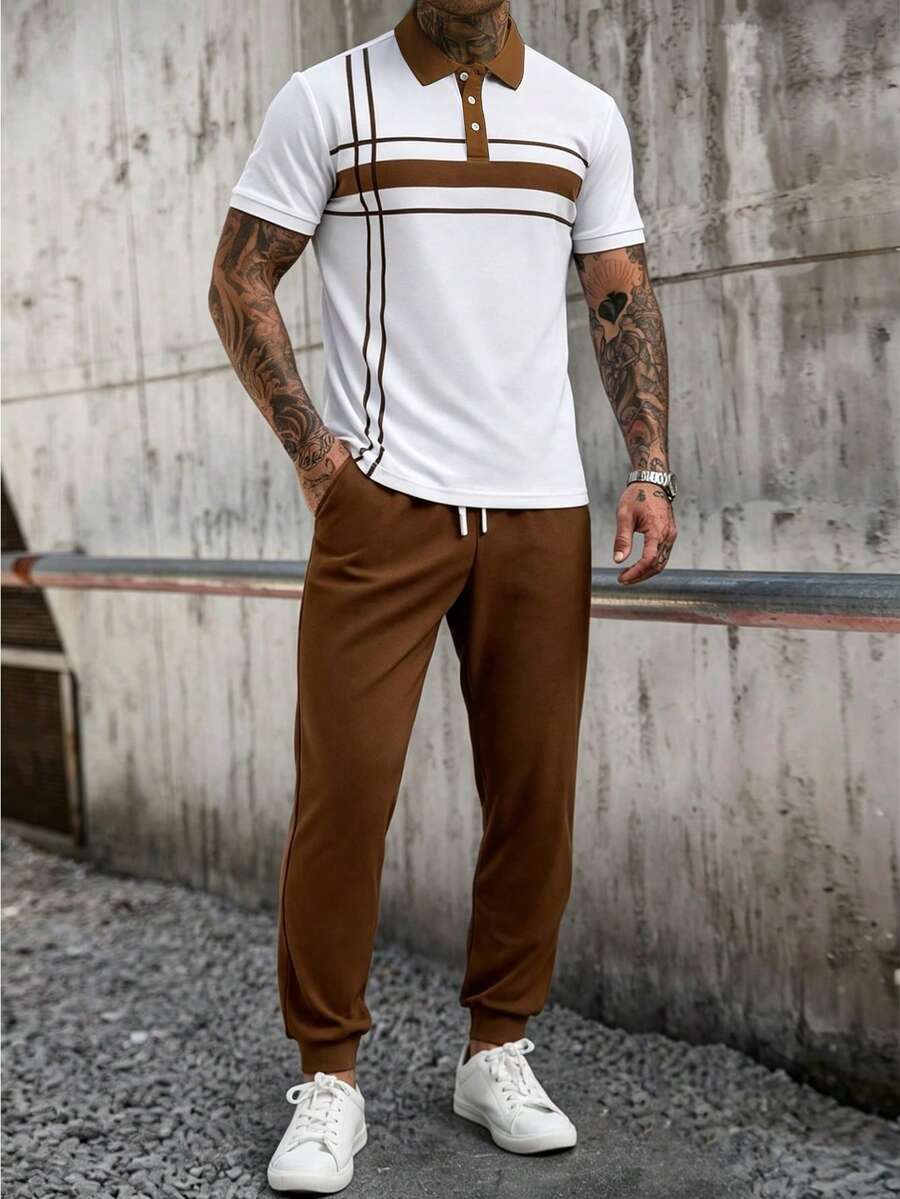 Manfinity CasualCool 男士拼色短袖 Polo 衫與長褲休閒日常穿搭套裝 - 白色 - 查看 1