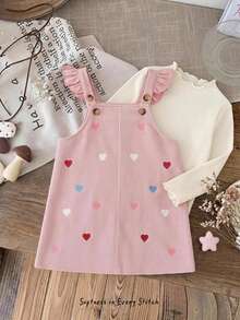 Cozy Pixies Baby Girl Solid Color Knit Soft Round Neck Long Sleeve Pullover Top And Heart Embroidered Pattern Suspender Short Dress 2 Pieces Cute Ruffled Pink Set - Pink - View 10