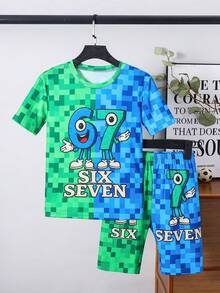 SHEIN 兒童青少年男孩修身款不對稱拼色 67 數字圖案休閒極簡緊身舒適圓領短袖短褲家居服，適合春夏 - 綠色 - 查看 2