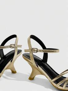 CUCCOO SZL Women's Spring And Summer New Fashion Gold Square Toe Buckle High-Heeled Sandals, Outdoor Vacation Party Commuter High-Heeled Sandals - Gold - View 5