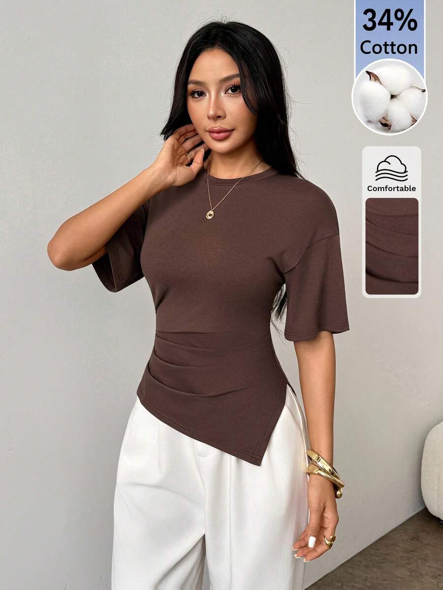SHEIN PETITE 女款休閒百搭棕色圓領收腰不對稱夏季上衣,適合嬌小女性 - 棕色 - 查看 1