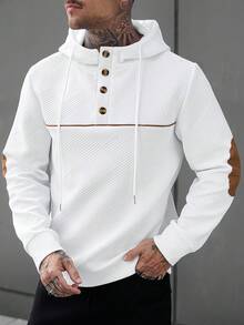 Manfinity CasualCool 男士春夏四季通用長袖連帽衫，紋理面料拼接撞色設計，成熟休閒風長袖連帽衫 - 白色 - 查看 3