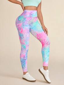 SHEIN Core Rhythm High Waist Ombre Leopard Print Digital Leggings With Phone Pocket, For Sports & Outdoor Exercise, Autumn/Winter - Multicolor - View 6