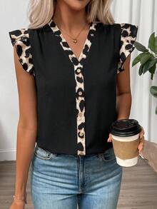 SHEIN Clasi 女款夏季優雅個性V領黑白豹紋拼接休閒百搭日常穿著夜店外出上衣旅行上衣 - 黑色 - 查看 6