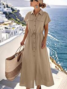 Isle Nomé Women's Spring/Summer Casual Short Sleeve Waist-Cinching Solid Color Long Dress Suitable For Daily Commute And Outings - Khaki - View 3