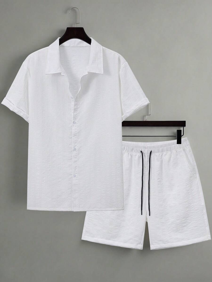 Manfinity Homme Men's Solid Color Versatile Single-Breasted Short Sleeve Shirt And Drawstring Waist Pocket Shorts Set - White - View 1