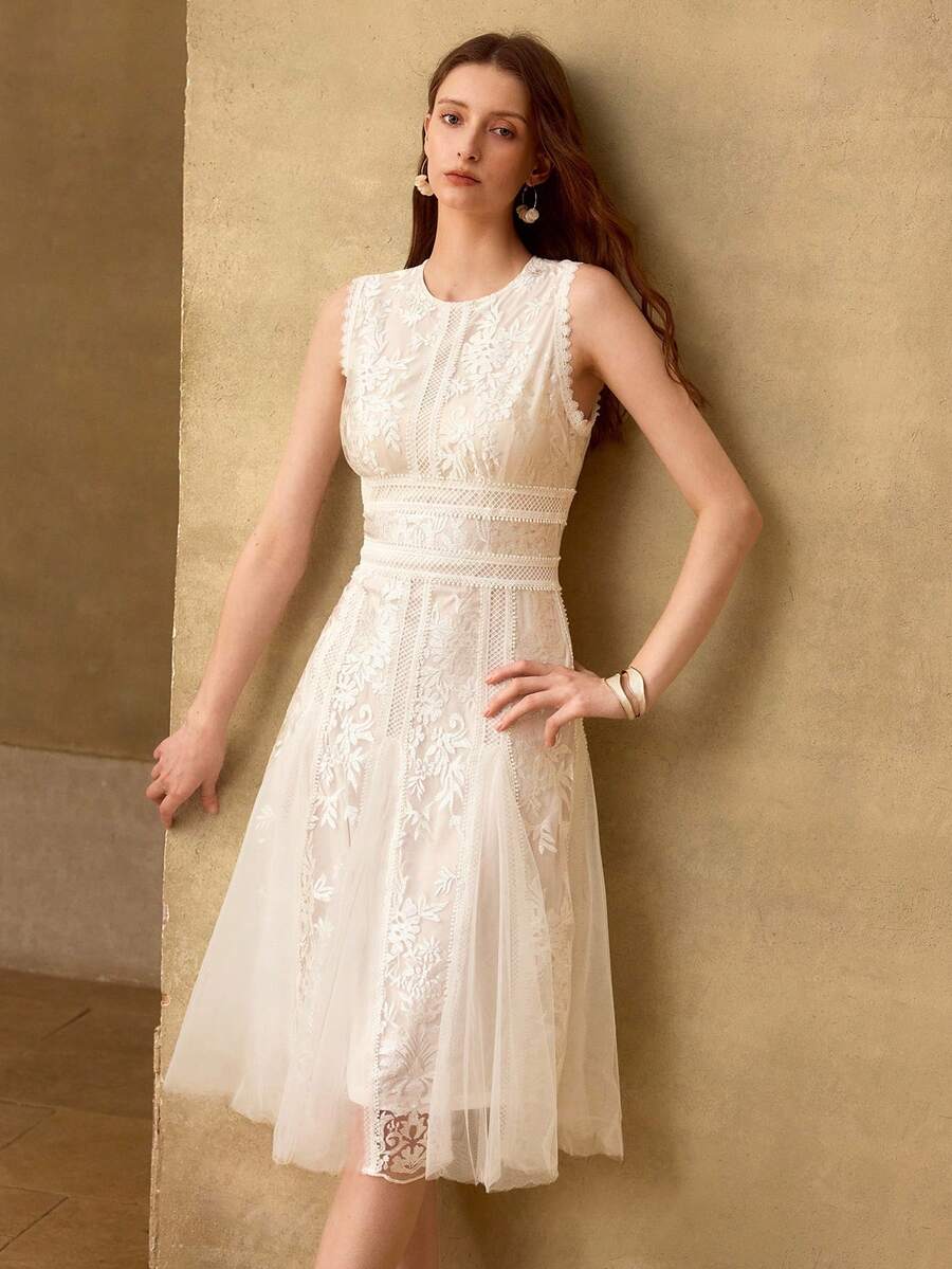 MOTF PREMIUM VESTIDO MIDI SIN MANGAS CON ENCAJE BORDADO, PATCHWORK Y VOLANTES PARA MUJER, PRIMAVERA/VERANO, ELEGANTE PARA CITA - Blanco - Ver 2