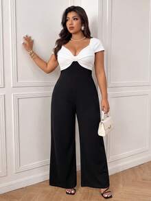 Femmeverse Women's Black And White Patchwork Deep V-Neck Evening Gown, White Twisted Design On Chest, Wide Leg Long Jumpsuit Party Going Out Summer Elegant - Black and White - View 5
