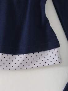 SHEIN Fashion Cute Casual Girl Polka Dot Print Patchwork Bow Decor Long Sleeve Top, Navy Blue, Spring Autumn Birthday Prom - Navy Blue - View 6
