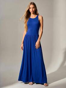 Willow Rêve Gaun Rajut Ketat Leher Bulat Warna Biru Tua, Gaya Liburan, Gaya Kasual Elegan Romantis, Gaya Musim Panas Boho - Royal Blue - View 2