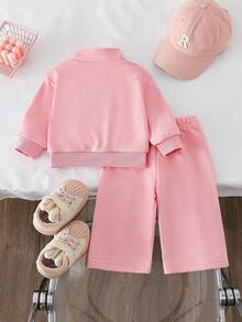 Fall Winter Baby Girl Pink Sporty Embroidered Stand Collar Zip-Up Long Sleeve Sweatshirt Set Simple & Comfortable - Pink - View 2