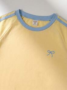 SHEIN 青少年女孩 T-Shirt 套裝，運動風，粉色與深綠色拼接短袖 T-Shirt 和短褲套裝，夏季寬鬆貼身設計，輕量面料，適合日常穿著、休閒運動或搭配穿搭 - 黃色 - 查看 5