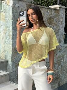 Aloruh Top asymétrique en tricot transparent de couleur unie pour femmes - Jaune clair - Voir 6